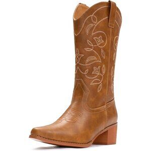 Women's Chestnut Pointy Toe Faux Leather Western Cowgirl Mid Calf Boots